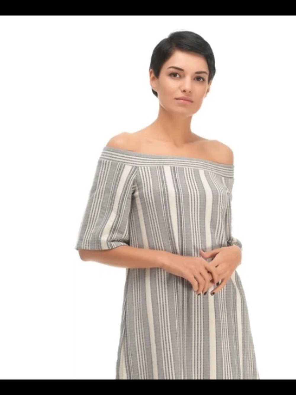 Zara Off-Shoulder Striped Mini Dress in Gray and White Stripes Missess MED